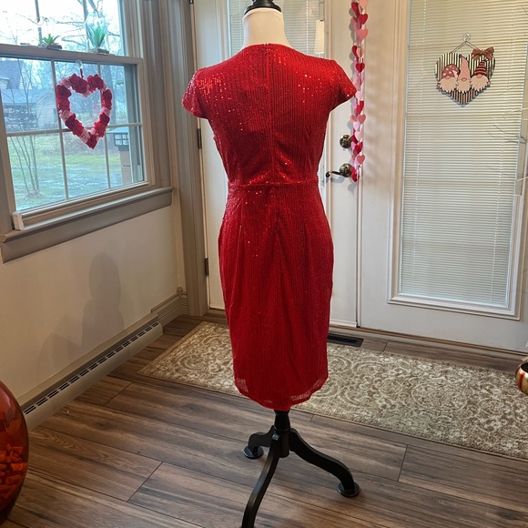 NWT Grace Karin Red Sequin Cap Sleeve V-Neck Tie Waist Bodycon Midi Dress - Picture 9 of 11